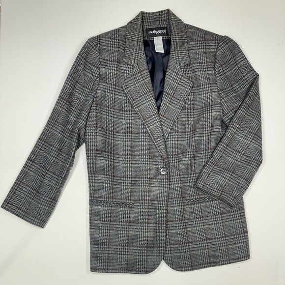 Sag Harbor Jackets & Blazers - Vintage Plaid Wool Blend Blazer Size S/M Gray Classic Preppy Dark Academia